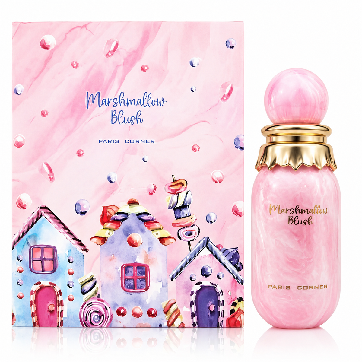 Pink 'Marshmallow Blush' perfume bottle and packaging with candy house design.