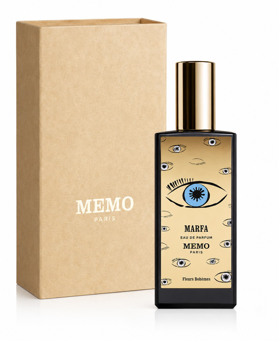 Memo Paris Marfa perfume bottle with decorative label and matching box on a white background