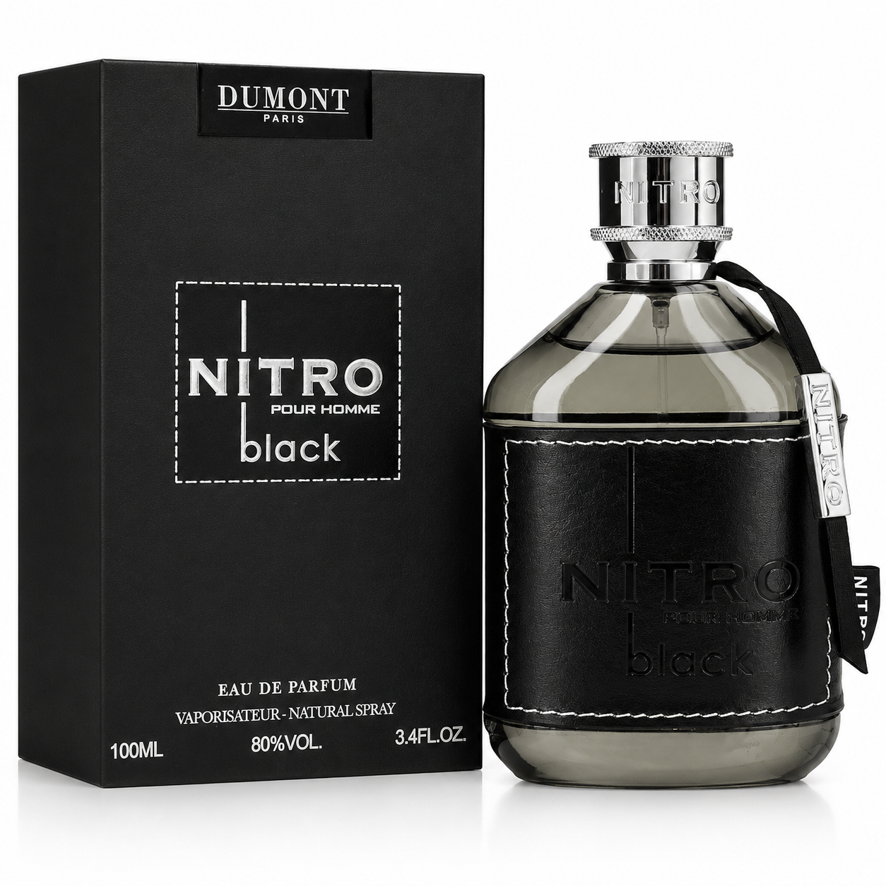 Dumont Nitro Black perfume bottle and packaging on a white background