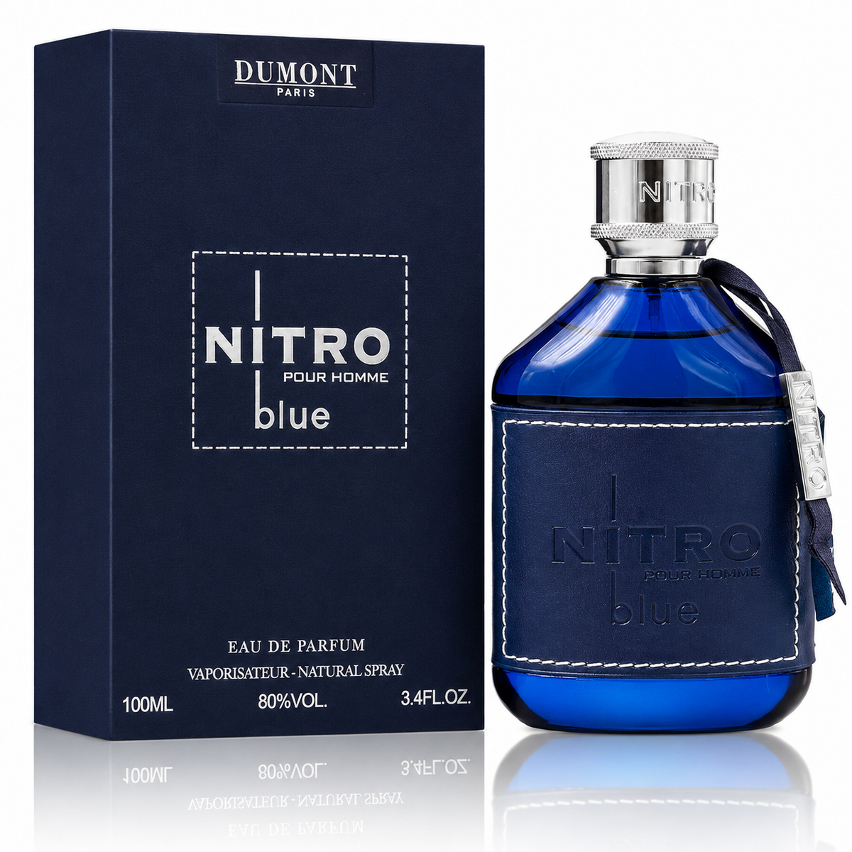 Blue Nitro perfume bottle with packaging on a white background