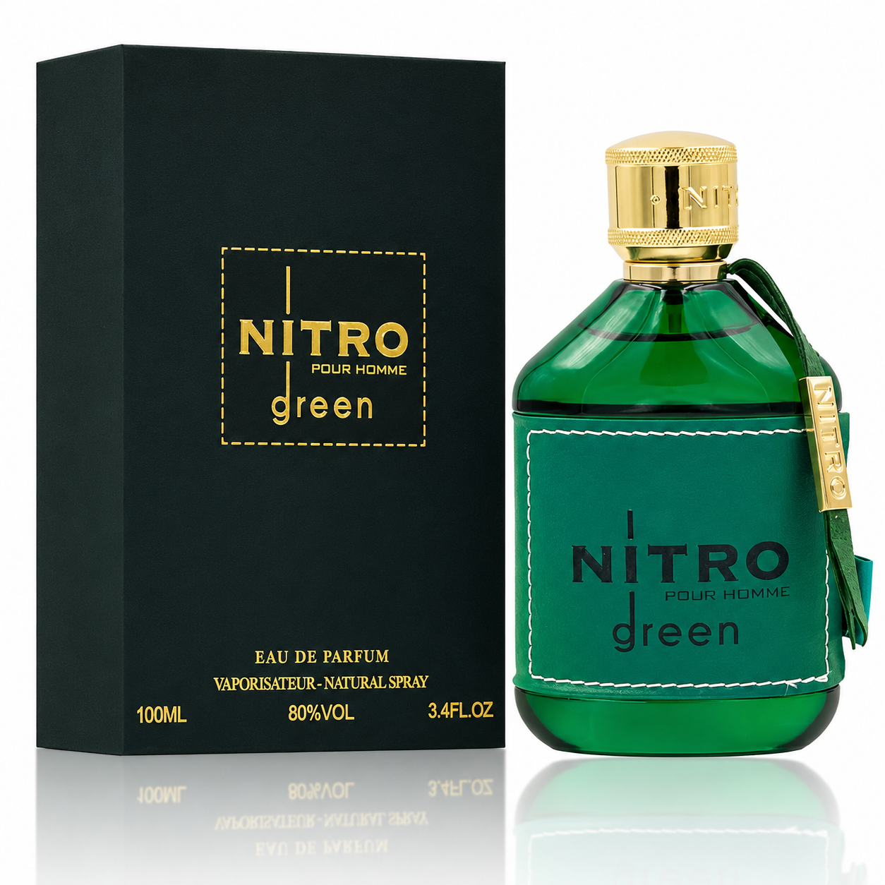 Green Nitro pour Homme perfume bottle with packaging on a white background