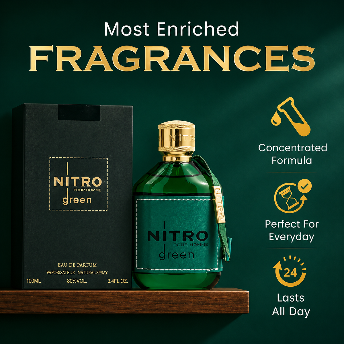 Green Nitro perfume bottle and packaging on a wooden shelf with a dark green background