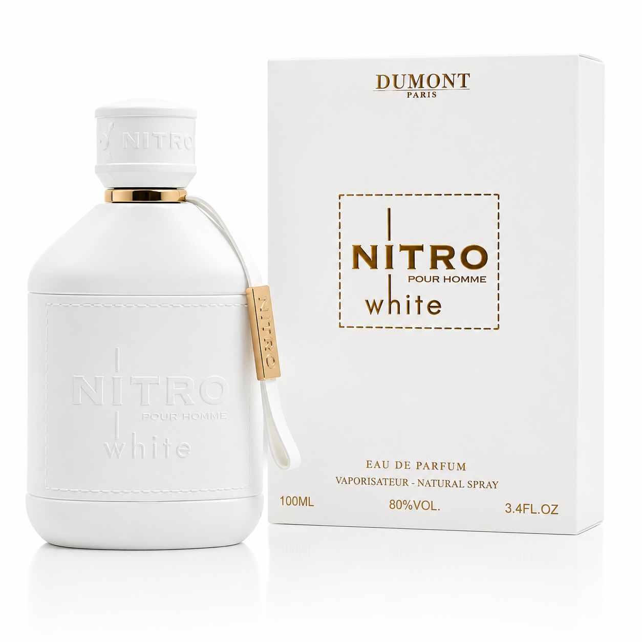 White Nitro pour homme perfume bottle and packaging on a white background