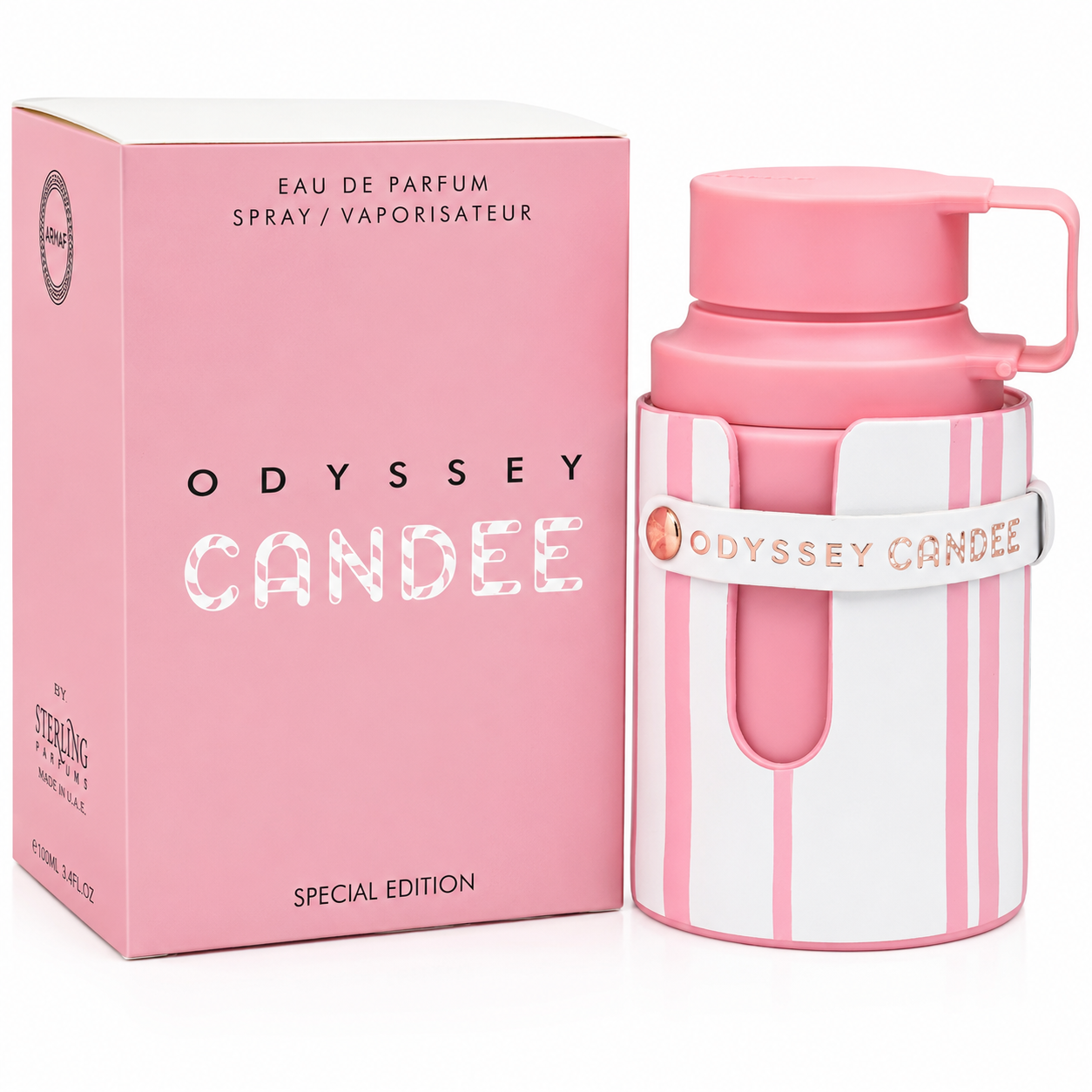 Pink and white Odyssey Candee perfume bottle and packaging on a white background