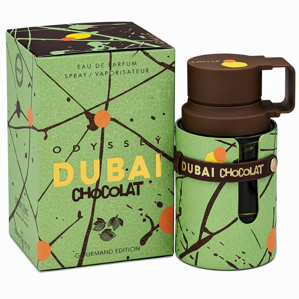 Odyssey Dubai Chocolat perfume bottle and packaging on a white background