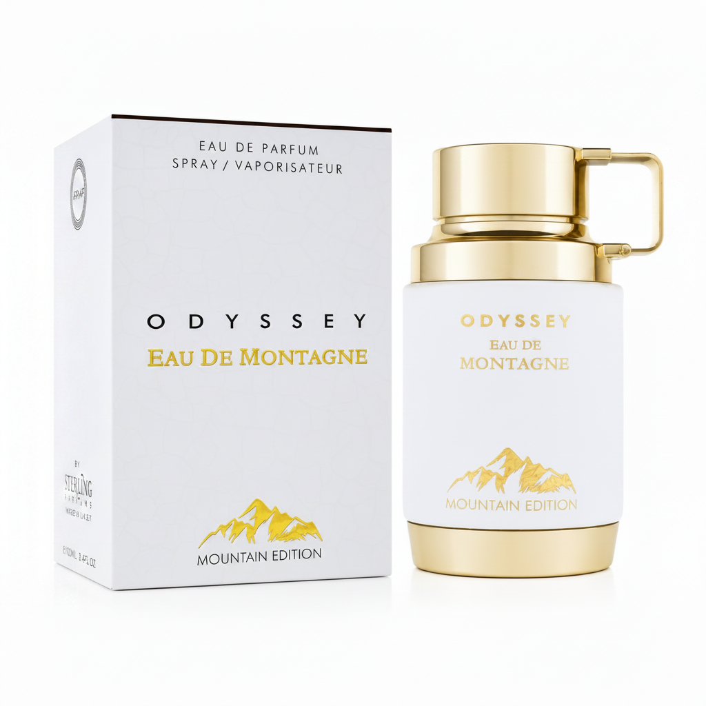 Odyssey Eau De Montagne perfume bottle and packaging on a white background