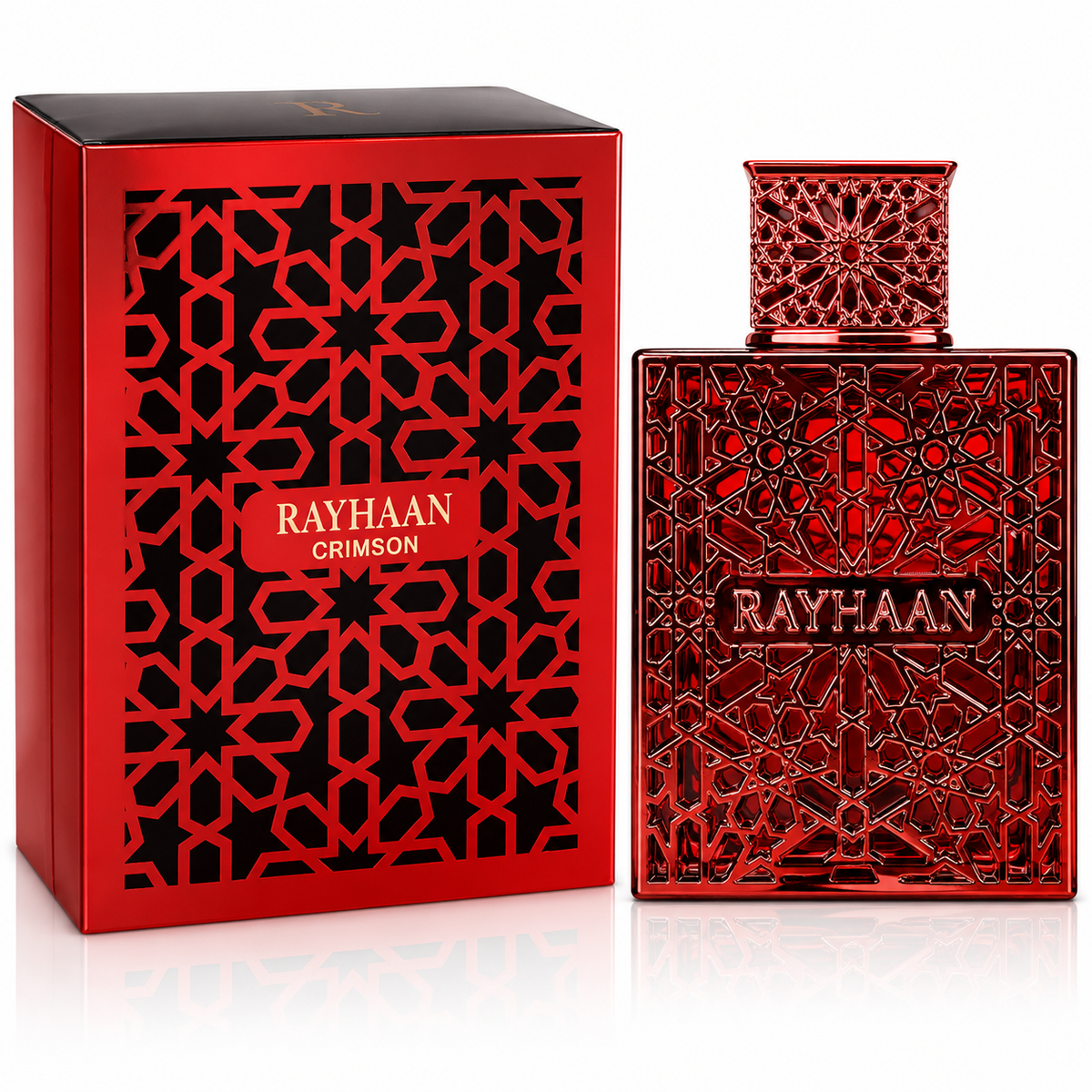 Red Rayhaan Crimson perfume bottle and packaging on a white background