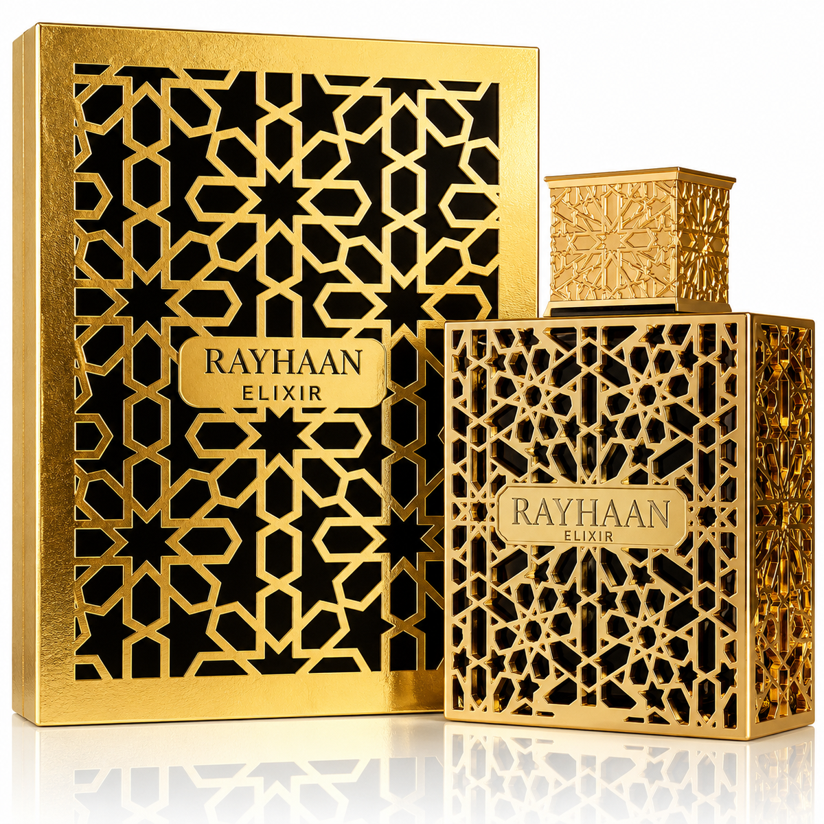 Gold 'Rayhaan Elixir' packaging with intricate patterns on a white background