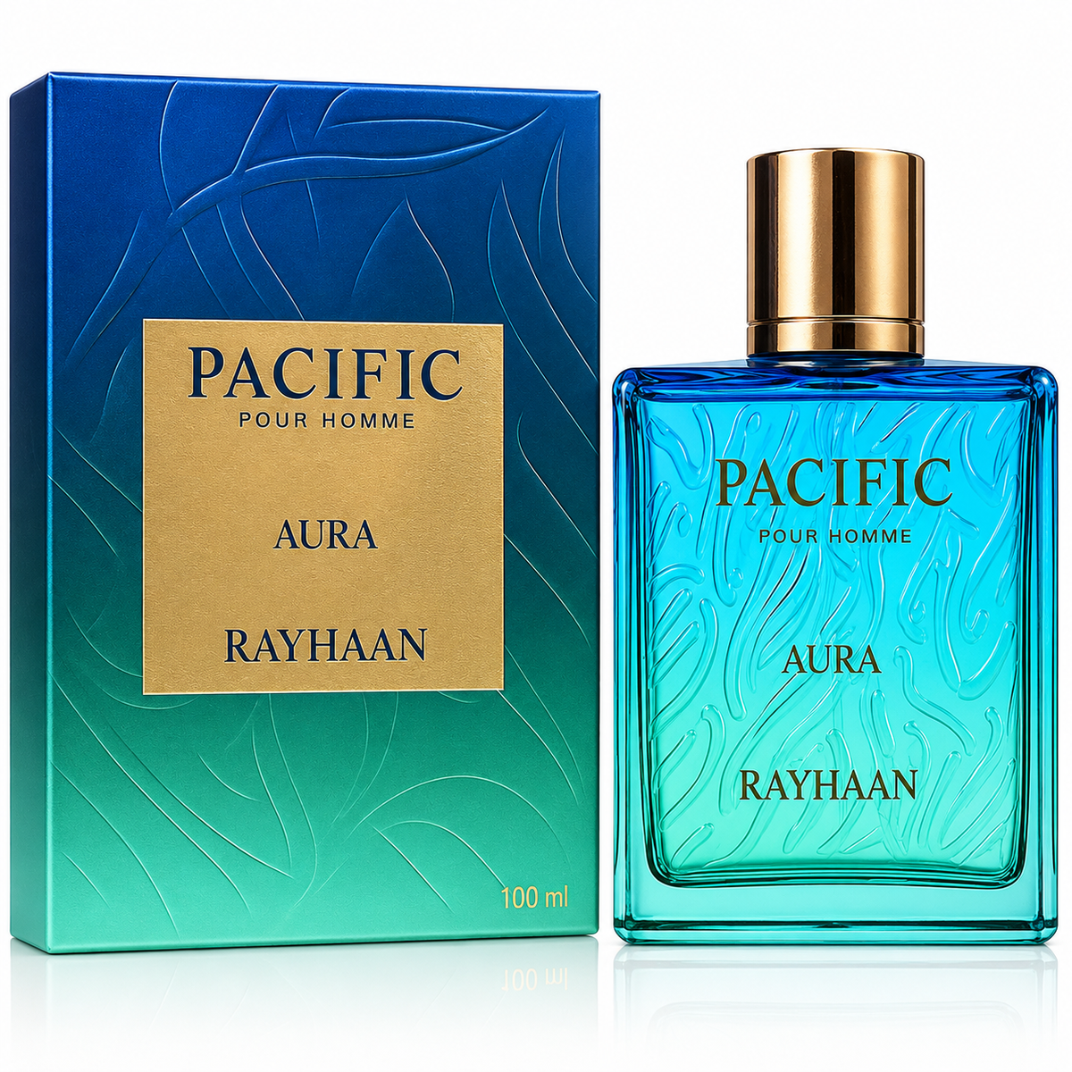 Perfume bottle and packaging of Pacific Pour Homme Aura Rayhaan on a white background