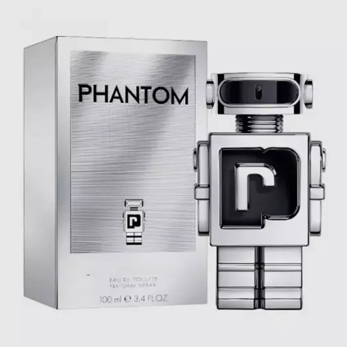 Perfume bottle and packaging of 'Phantom' on a white background