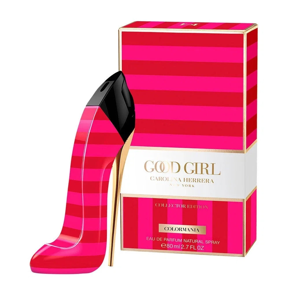 Pink high-heeled shoe and Carolina Herrera Good Girl Colorama perfume box on a white background