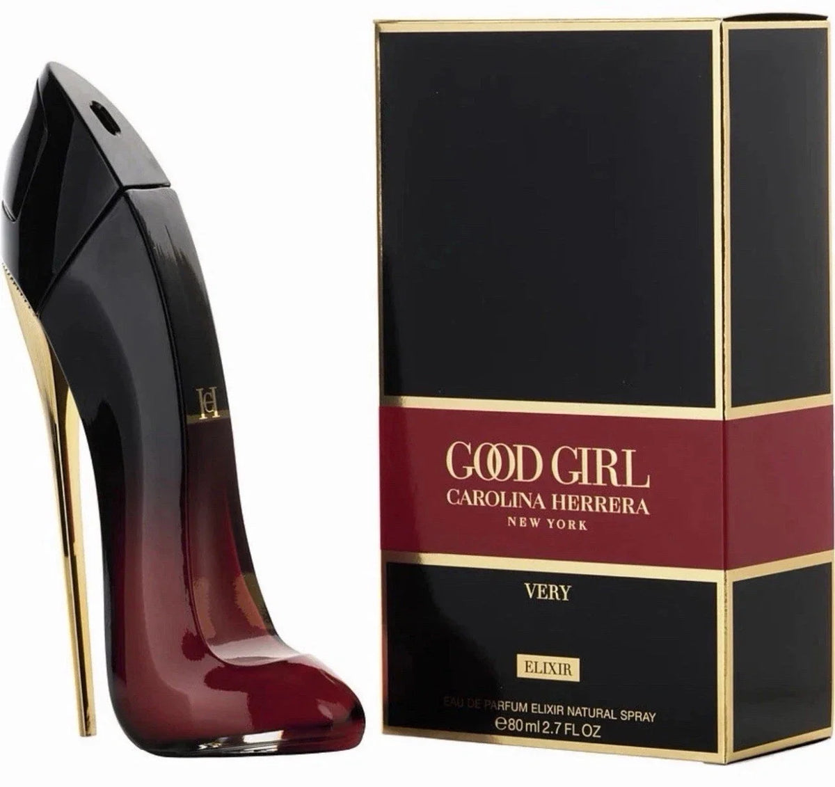 Black high-heeled shoe and Carolina Herrera 'Good Girl' perfume box on a white background