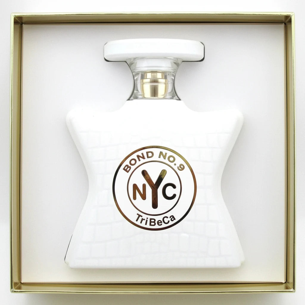Perfume bottle with 'Bond No. 9 NYC Tribeca' logo in a gold box