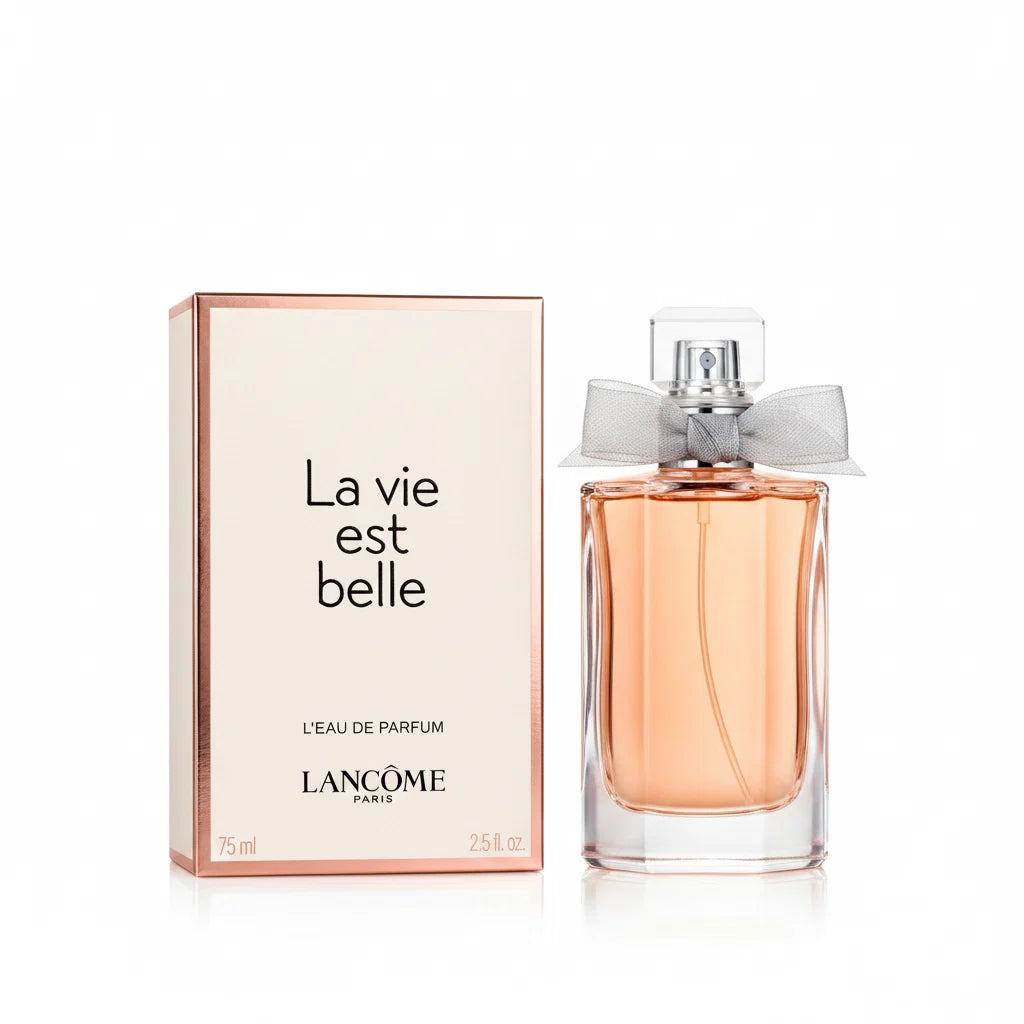 Lancème La Vie Est Belle perfume bottle and packaging on a white background