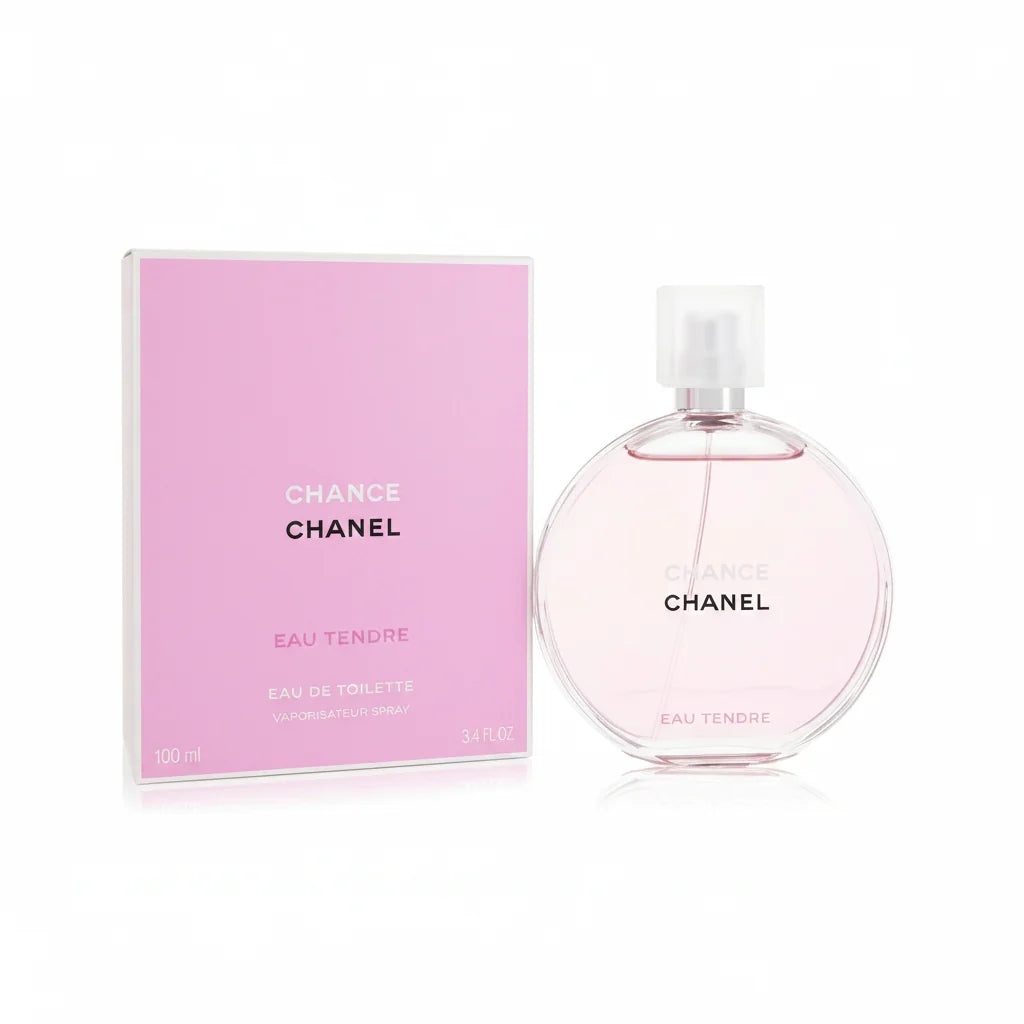 Chanel Chance Eau Tendre perfume bottle and packaging on a white background