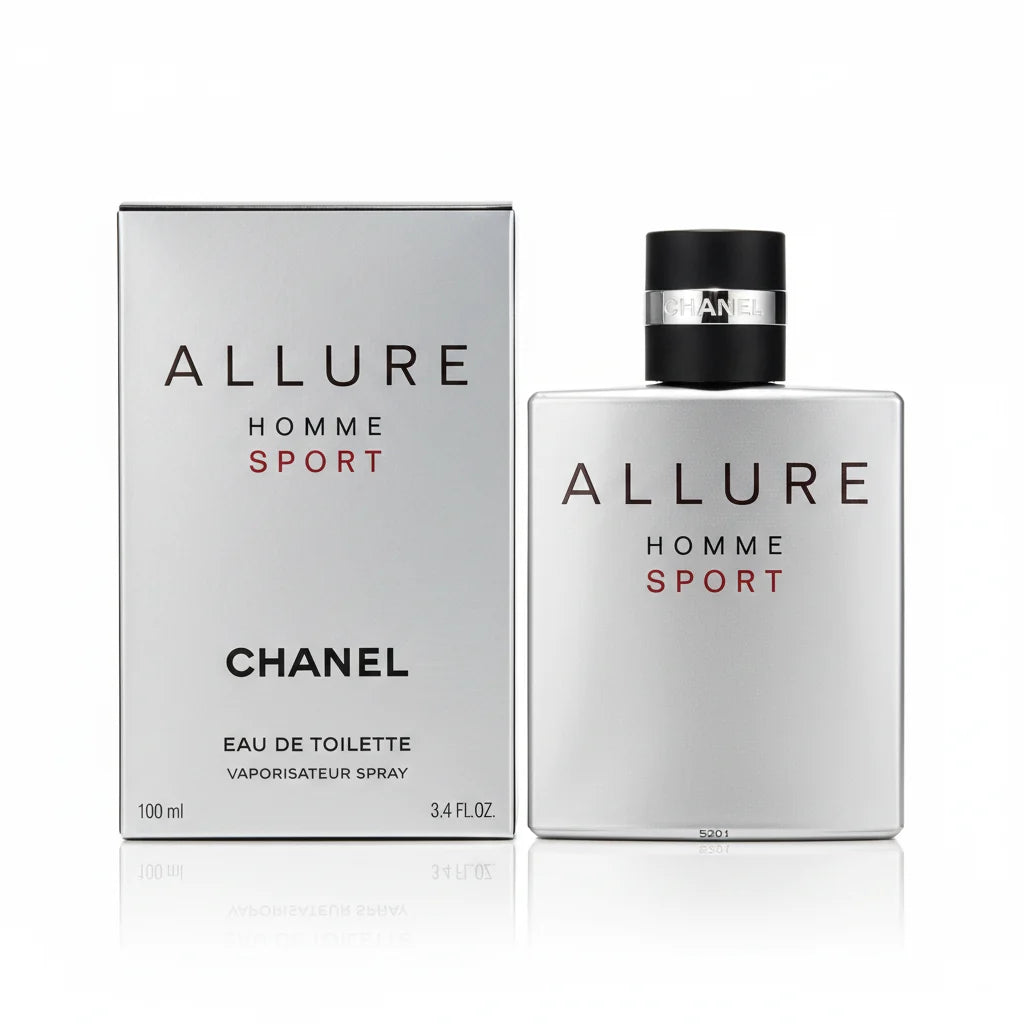 Chanel Allure Homme Sport perfume bottle and packaging on a gray background