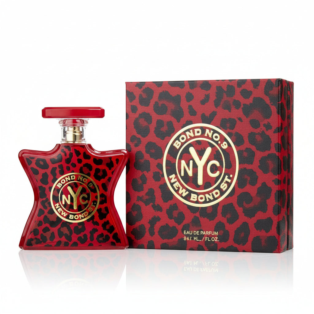 Red leopard print perfume bottle and packaging with 'Bond No. 9' logo on a white background