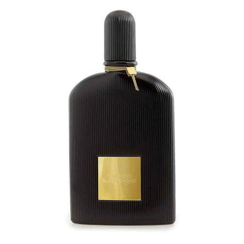 Black and gold perfume bottle on a white background
