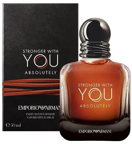Emporio Armani perfume bottle and packaging with 'Stronger with You Absolutely' text.