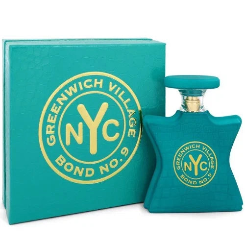 Teal perfume bottle and packaging with 'Greenwich Village Bond No. 9' logo on a white background