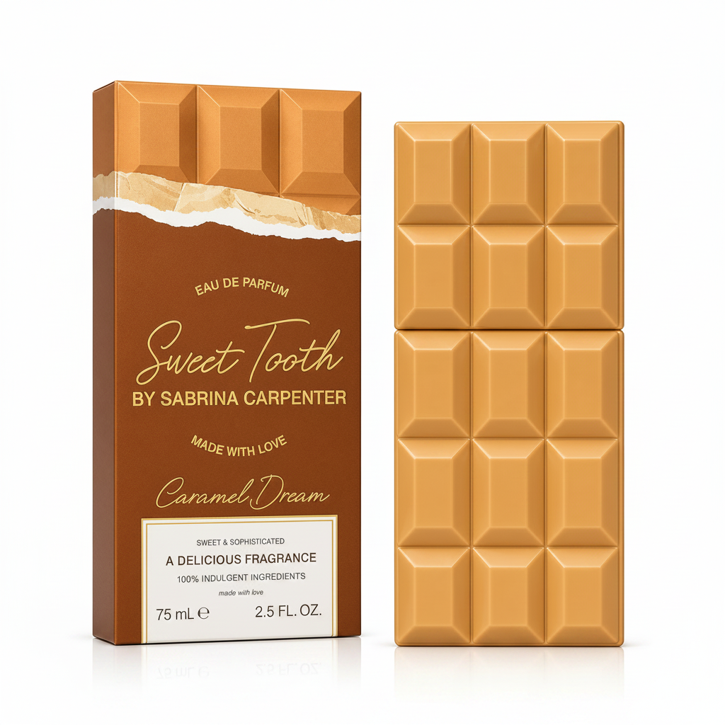 Chocolate bar-shaped perfume packaging with 'Sweet Tooth by Sabrina Carpenter' branding.