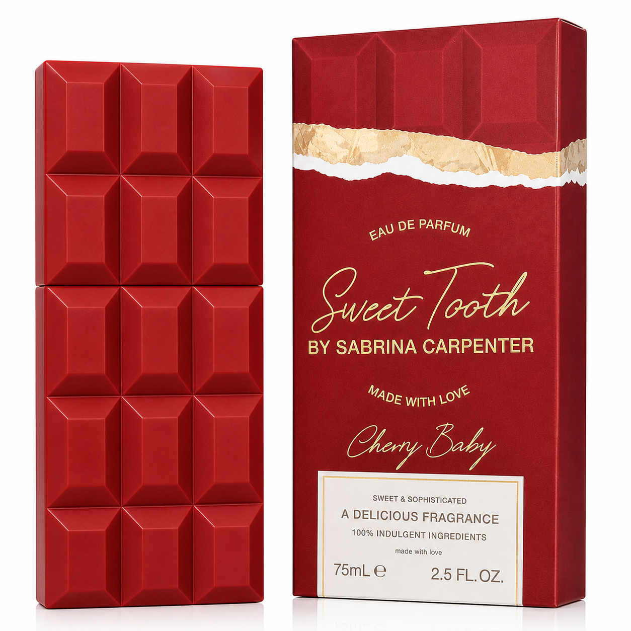 Red chocolate bar-shaped perfume packaging with 'Sweet Tooth by Sabrina Carpenter' branding.