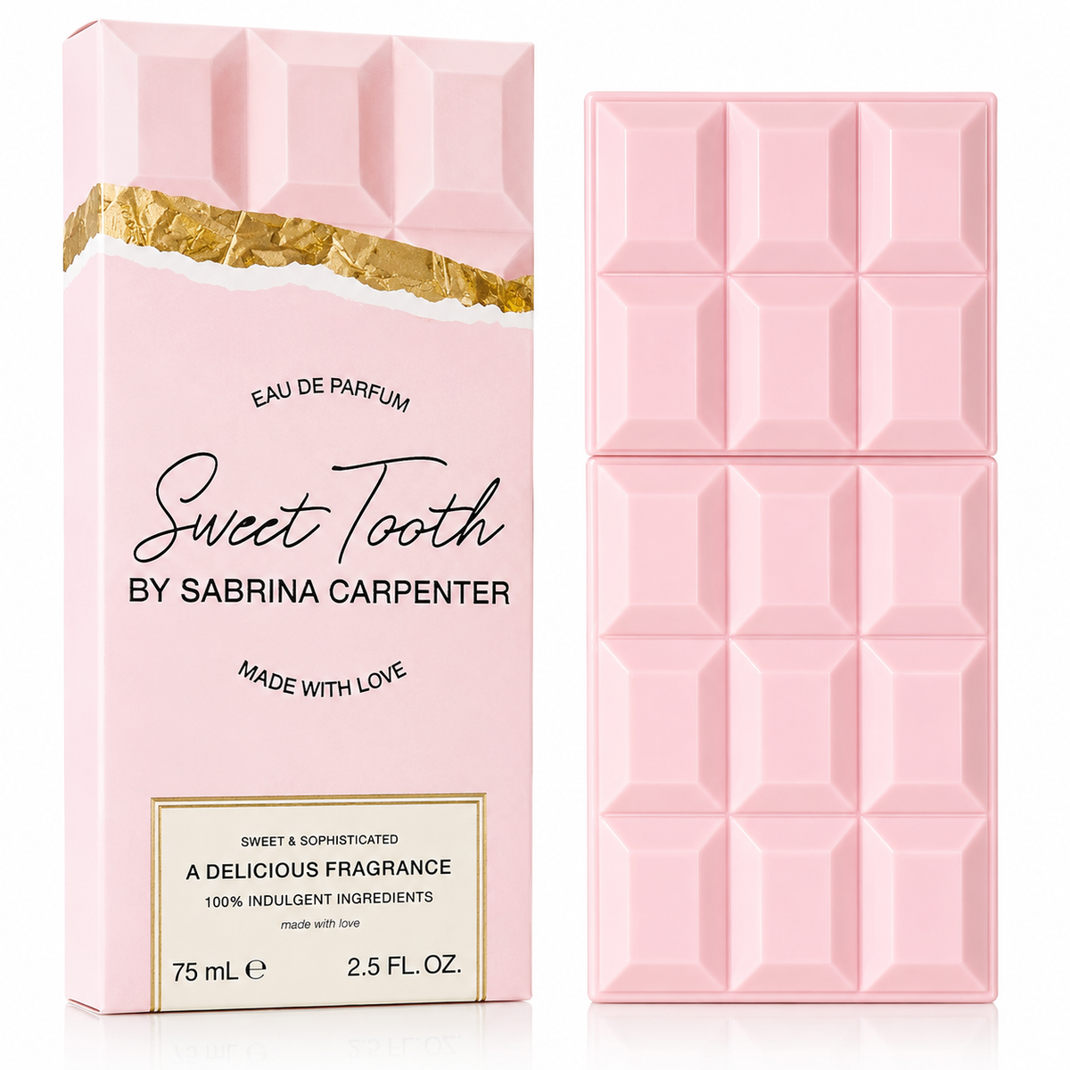 Pink chocolate bar-shaped perfume packaging with 'Sweet Tooth by Sabrina Carpenter' branding.