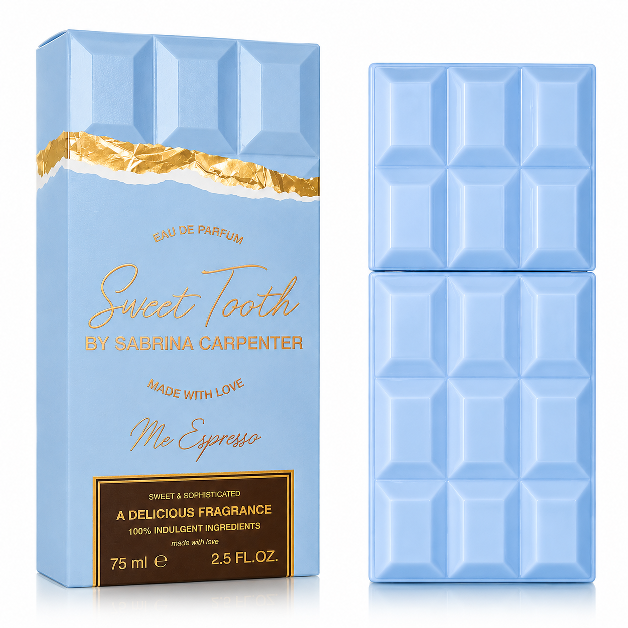 Blue chocolate bar-shaped perfume packaging with gold accents and 'Sweet Tooth by Sabrina Carpenter' branding.
