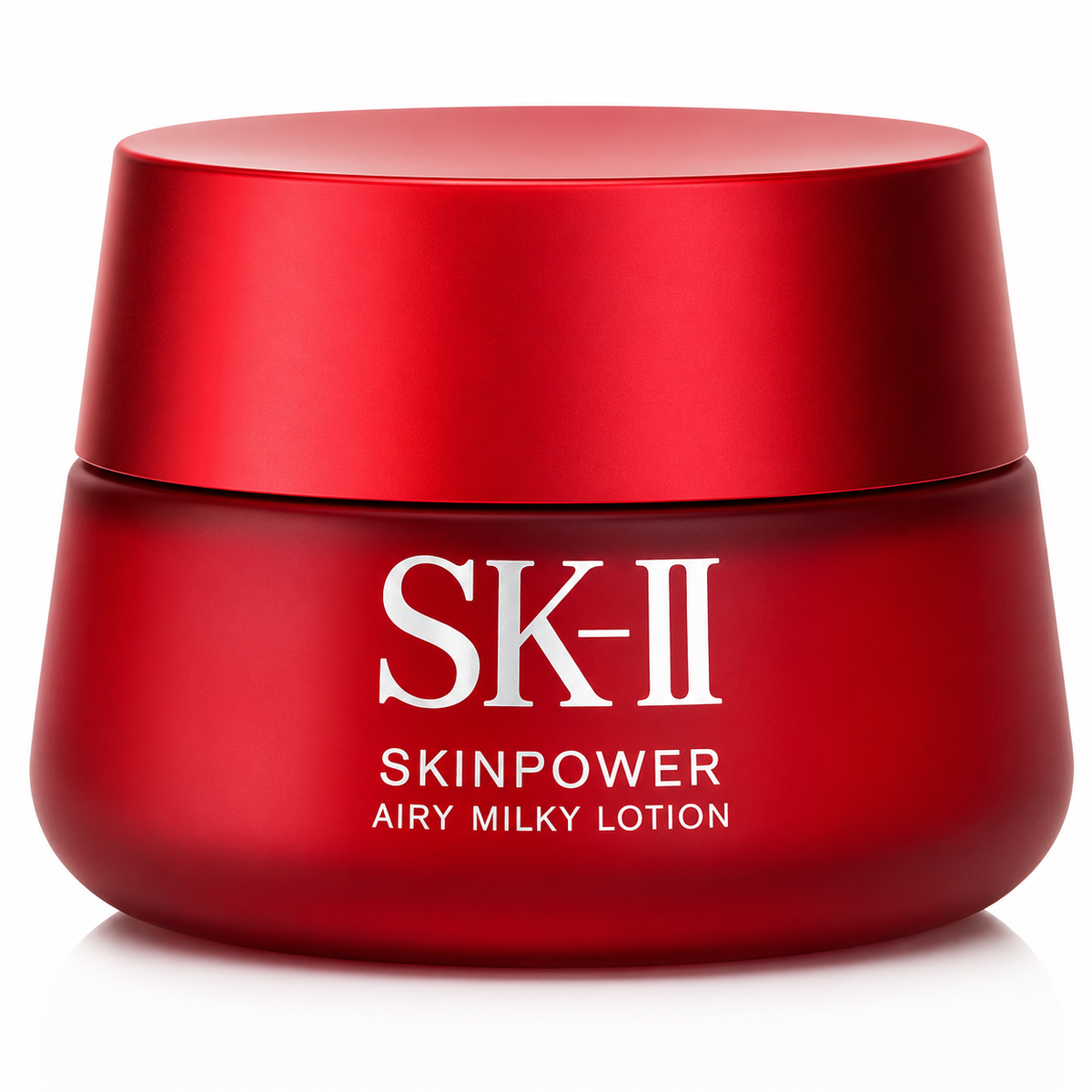 Red jar of SK-II Skinpower Airy Milky Lotion on a white background