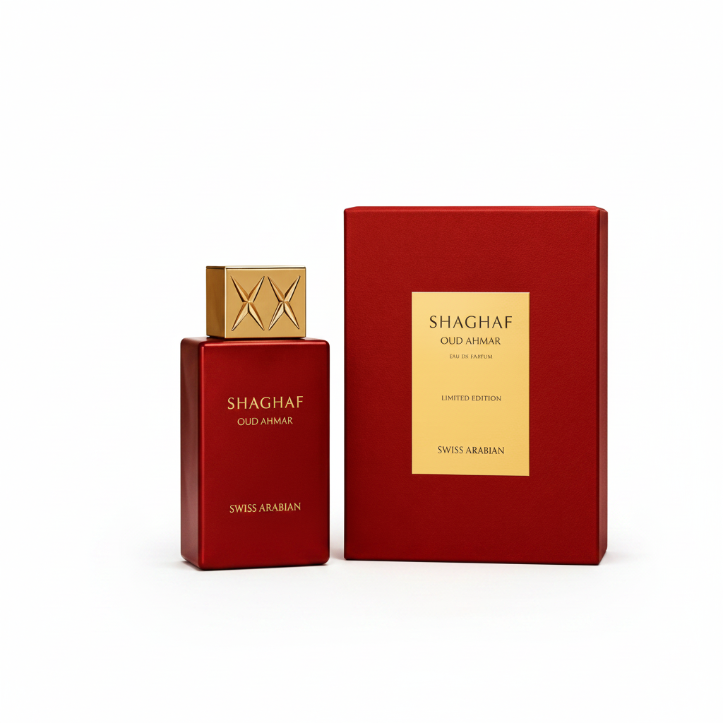 Shaghaf Oud Ahmar perfume bottle and packaging on a warm-toned background with leaves and bats.