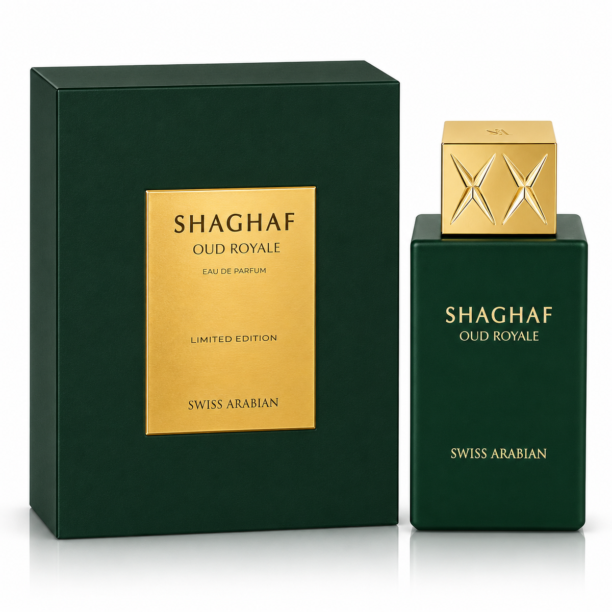 Shaghaf Oud Royale perfume bottle and packaging on a white background