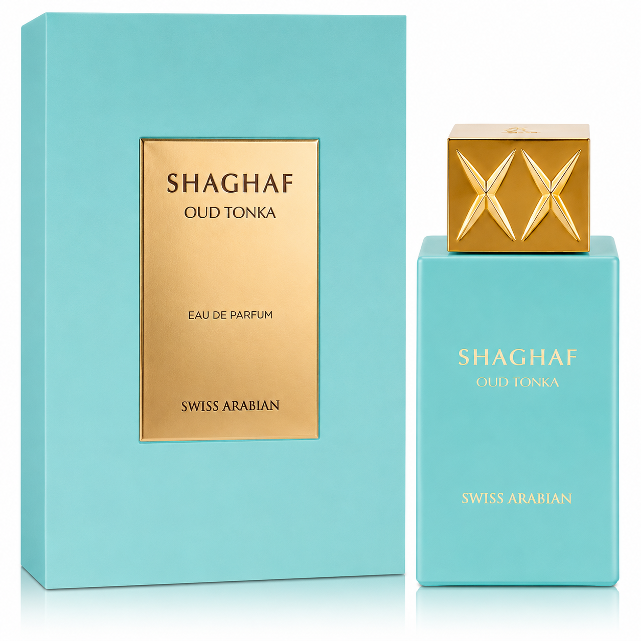 Shaghaf Oud Tonka perfume bottle and packaging on a white background