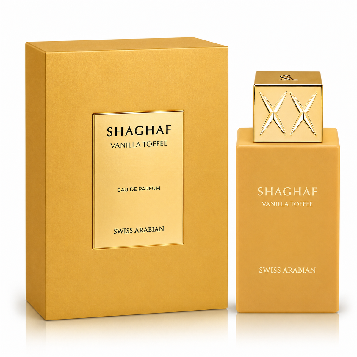Shaghaf Vanilla Toffee perfume bottle and packaging on a white background