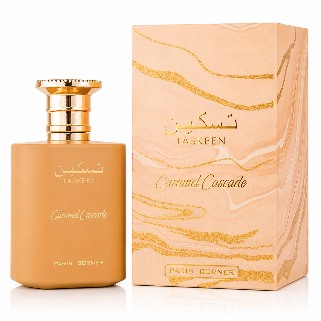 Perfume bottle and packaging of Taskeen Caramel Cascade on a white background