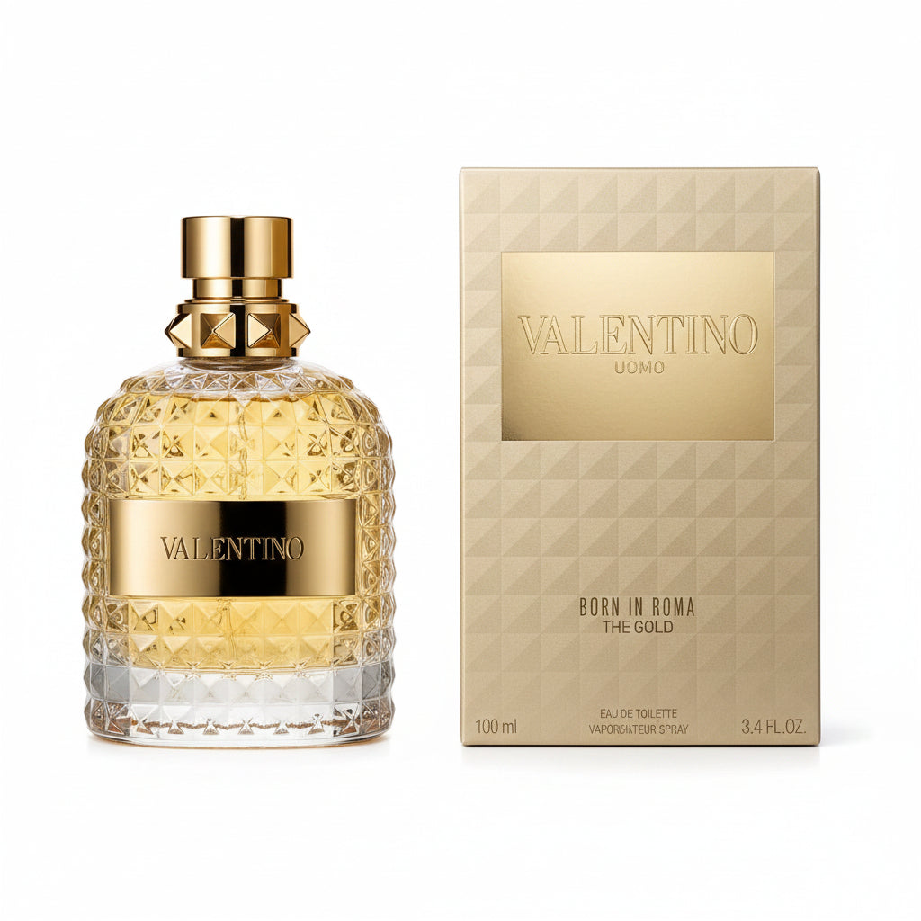 Valentino perfume bottle and packaging on a table with a neutral background