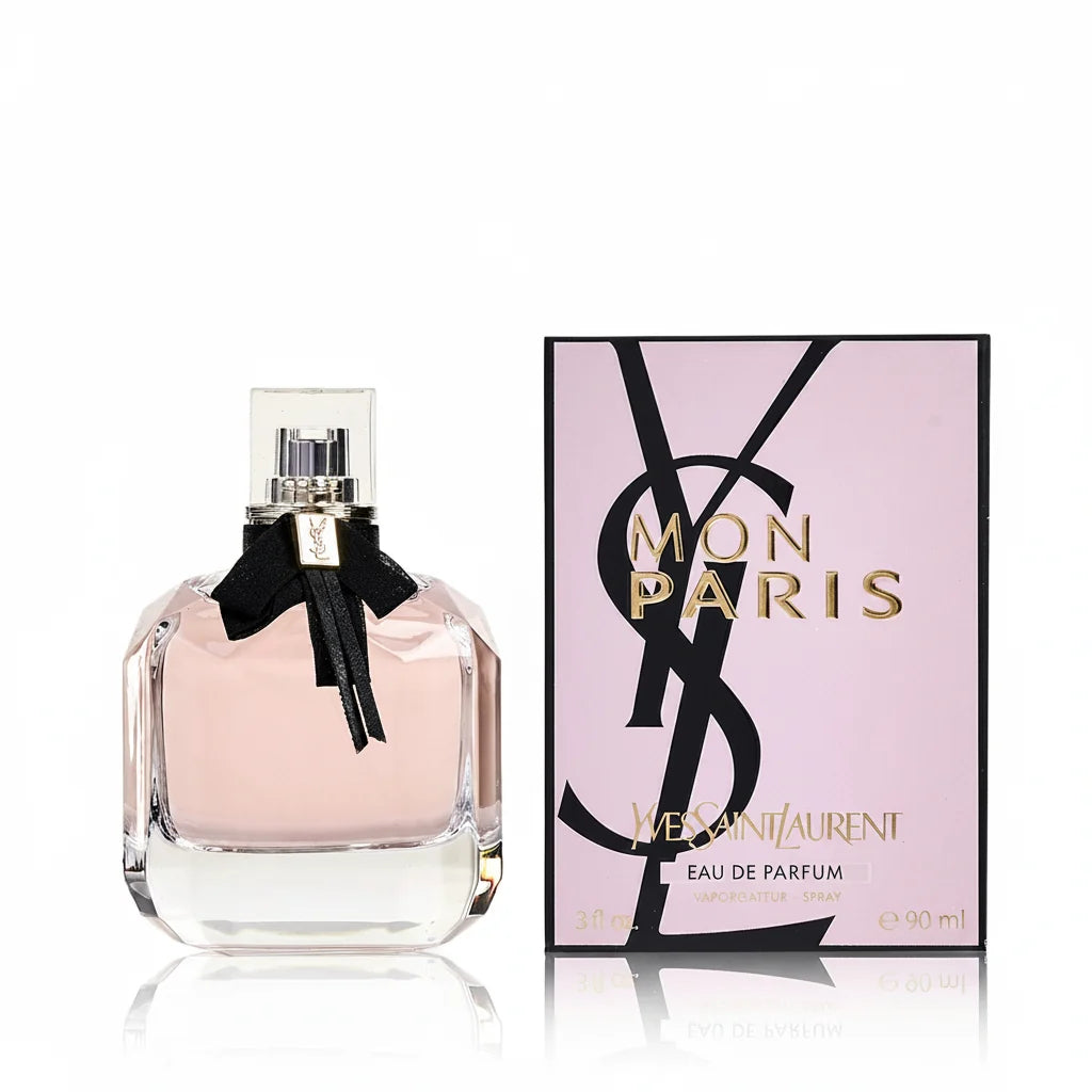 YSL Mon Paris perfume bottle and packaging on a white background